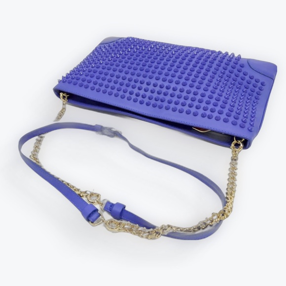 Auth Christian Louboutin Blue Spiked Studded Calfskin Loubiposh Clutch - Picture 4 of 10